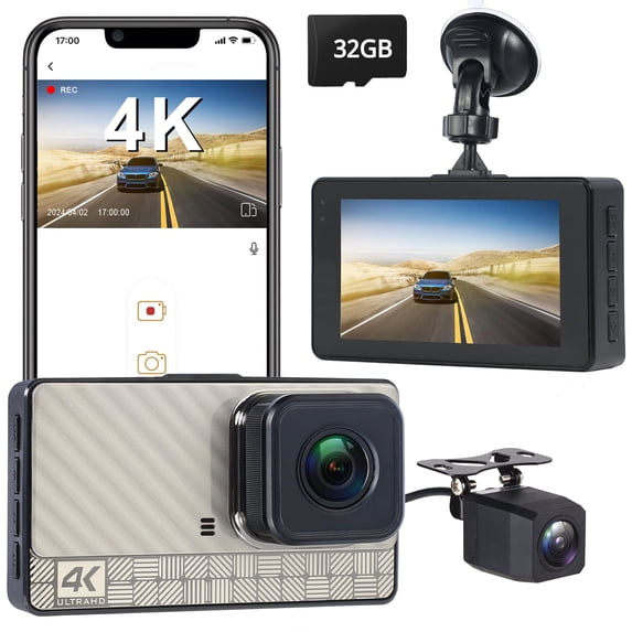 JH Auto 4K Front and 2K Rear Dash Camera 3 in Screen 32GB Card Included 170 Degree Wide Angle Wi-Fi Night Vision WDR HDR Parking Monitor