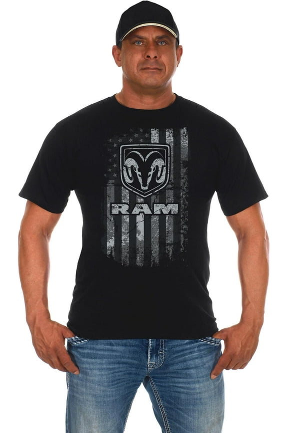 GROUP Men's Dodge Ram T-Shirt American Flag Black Crew Neck Shirt