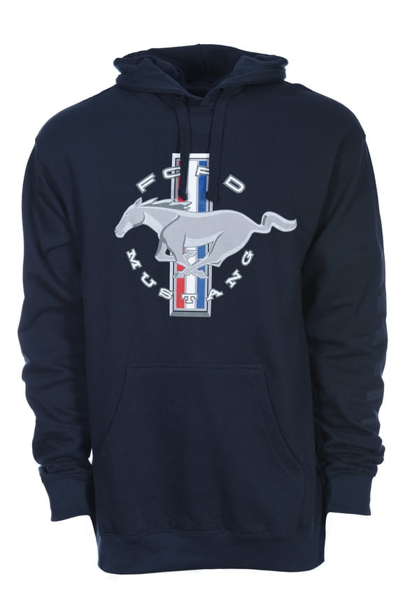 GROUP Men's Ford Mustang Pullover Navy Blue Hoodie Sport Striped Sleeves