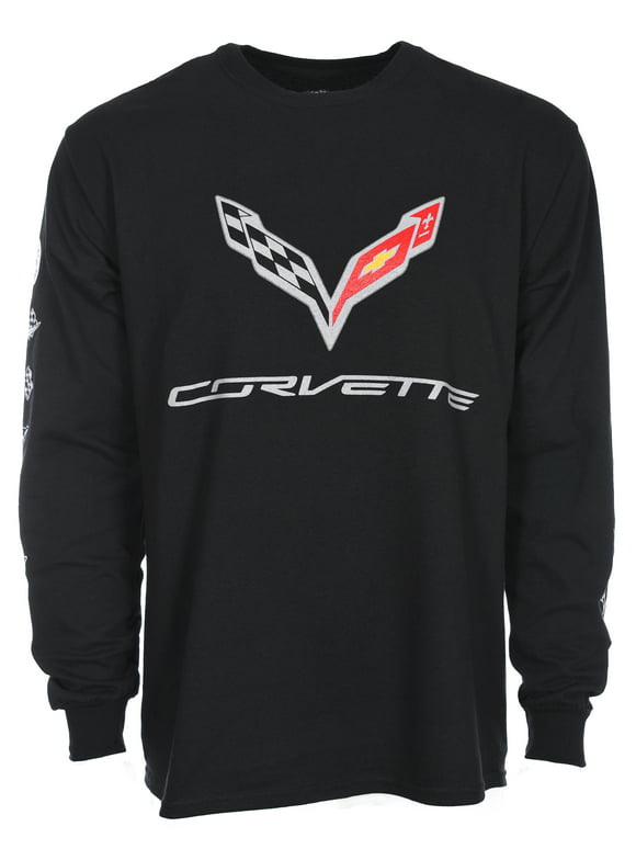JH Design Group Men's Chevy Corvette Long Sleeve Crew Neck T-Shirt Front Back & Sleeve Emblems