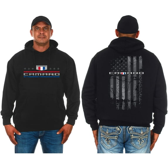 JH Design Group Mens Chevy Camaro Hoodie Distressed American Flag 2-Sided Sweatshirt