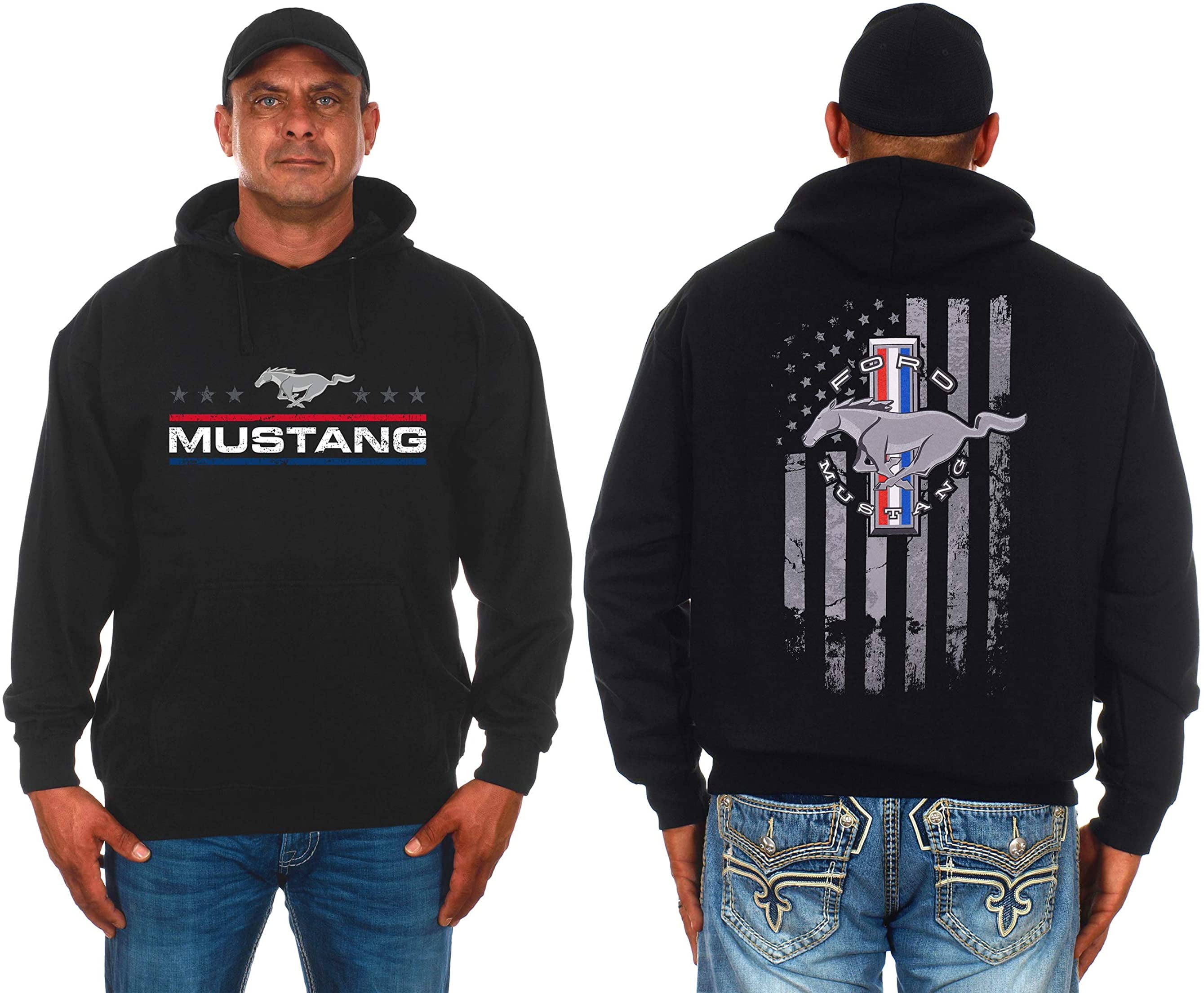 JH Design Group Mens Ford Mustang Hoodie Distressed American Flag 2-Sided  Sweatshirt