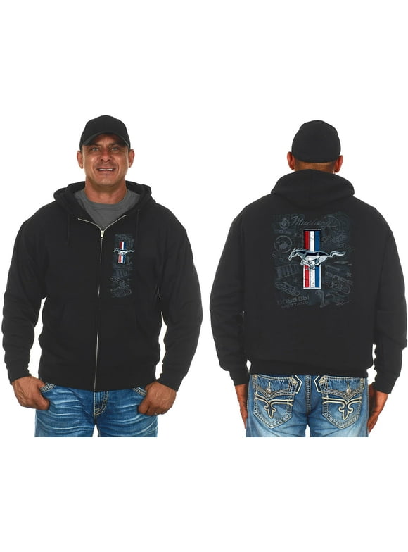 JH Design Group Mens Ford Mustang Tri-Bar Pony Distressed Collage Zip-Up Hoodie