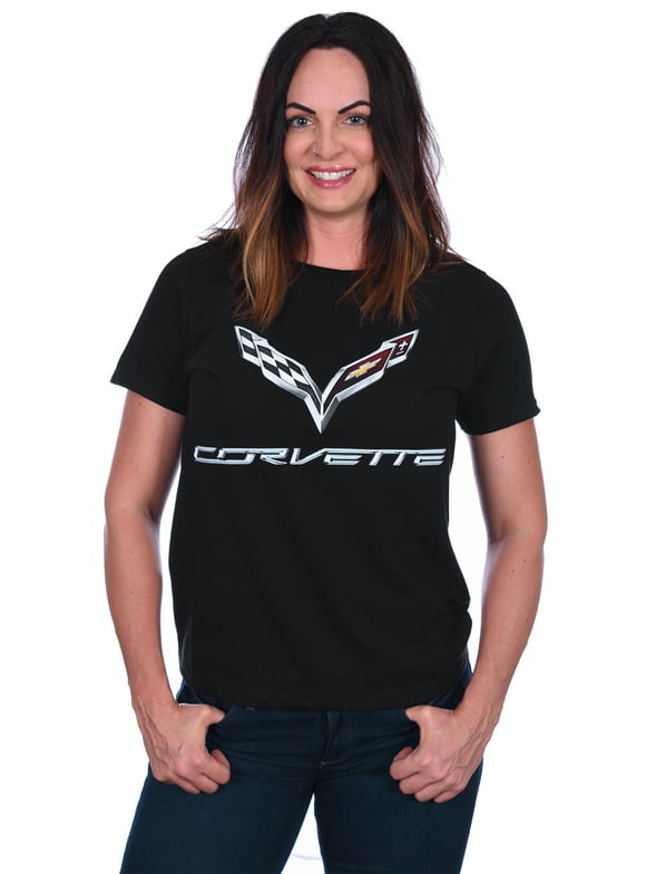 JH Design Group Women's Chevy Corvette C7 Emblem T-Shirt Black Red Heather-Gray