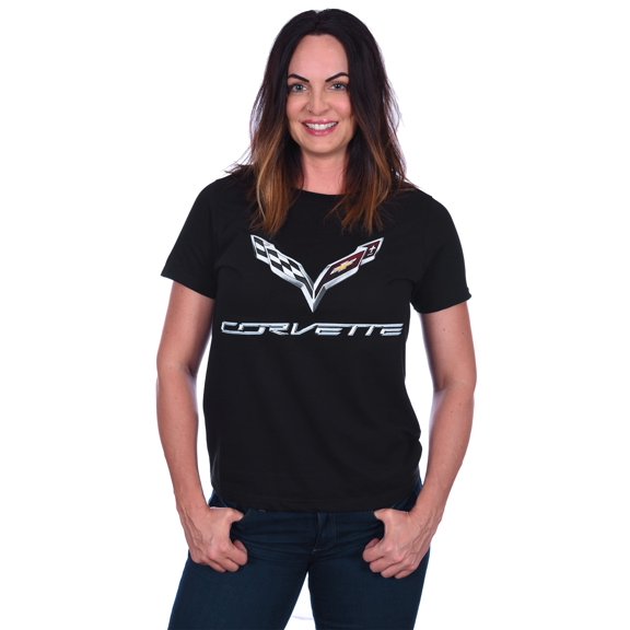 JH Design Group Women's Chevy Corvette C7 Emblem T-Shirt Black Red Heather-Gray