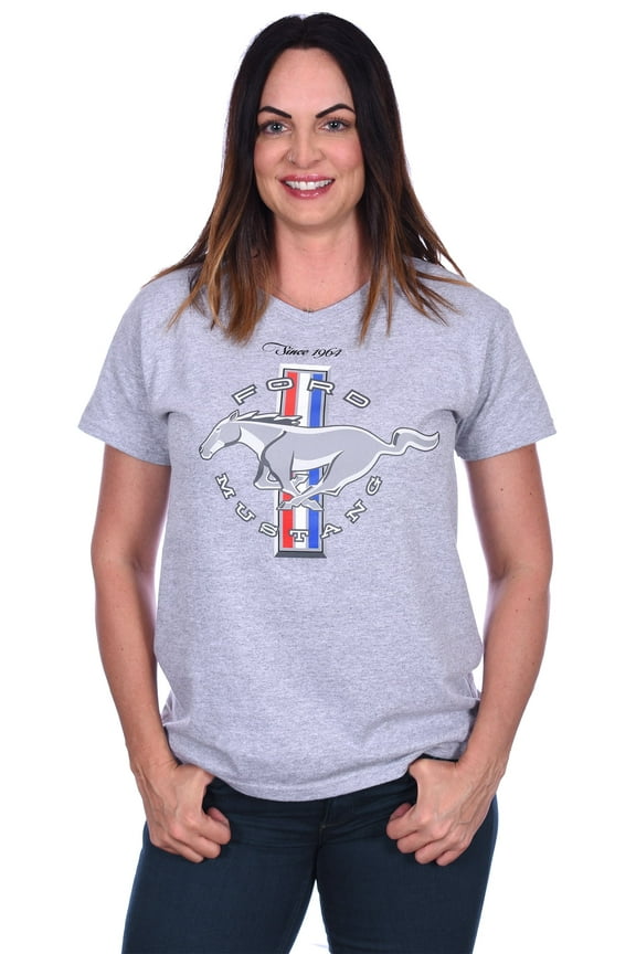 Group Women's Ford Mustang Classic Tri-Bar Pony Emblem T-Shirt Black Red Heather-Gray