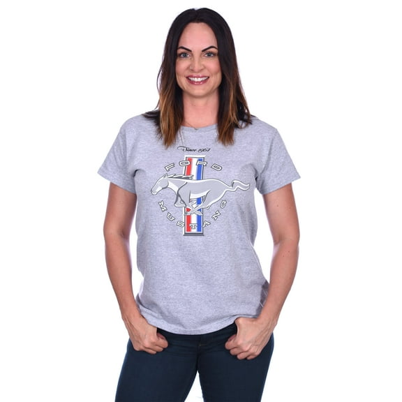JH Design Group Women's Ford Mustang Classic Tri-Bar Pony Emblem T-Shirt Black Red Heather-Gray