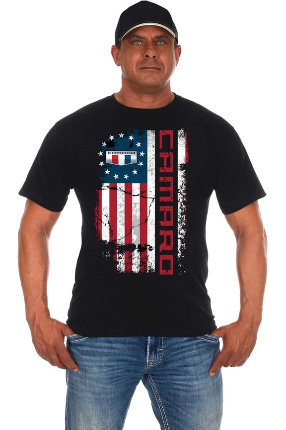 Men's Chevy Camaro T-Shirt USA Flag Short Sleeve Black Crew Neck Shirt