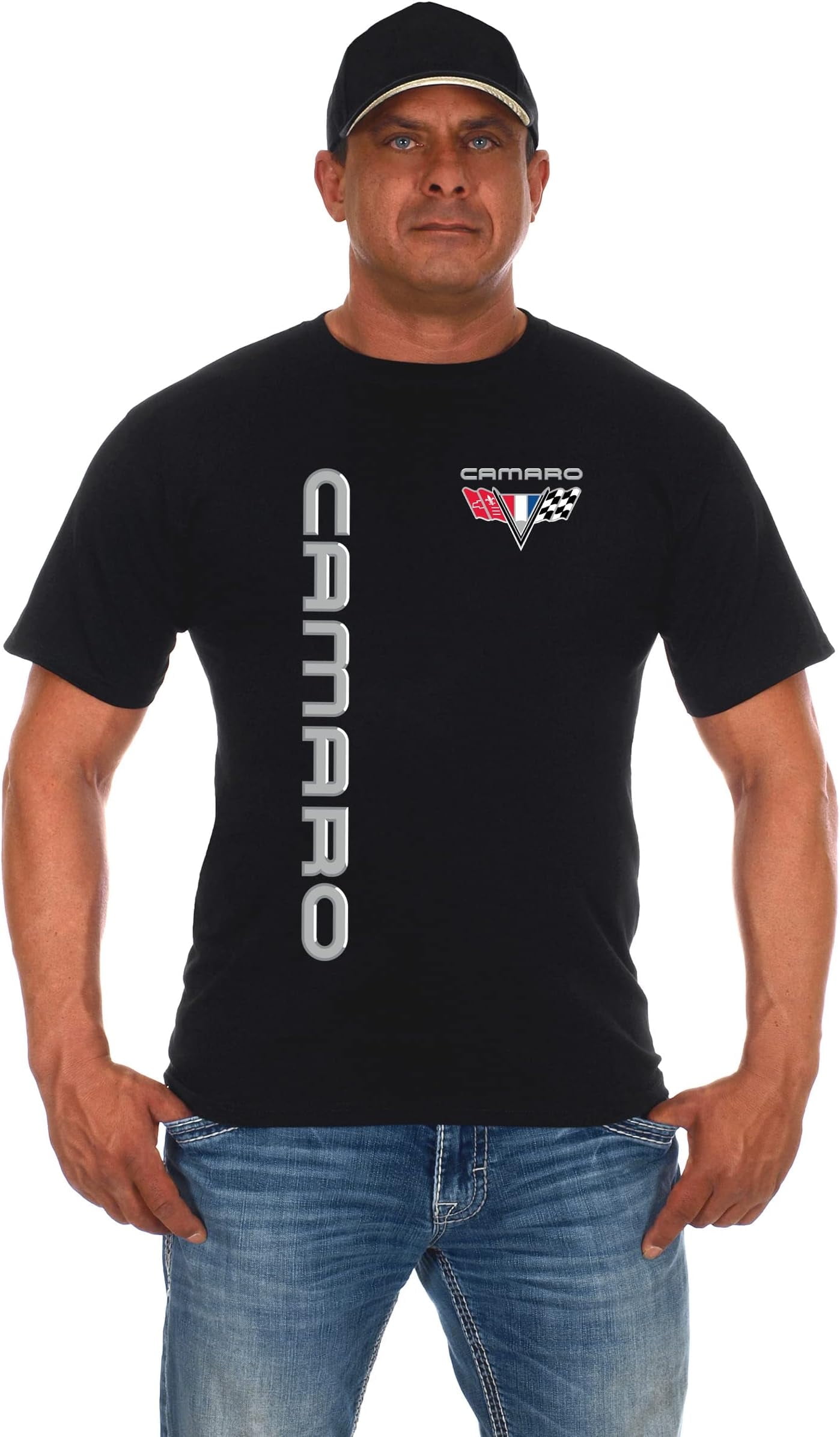 JH Design Men's Chevy Camaro T-Shirt - Distressed American Flag Graphic, 100% Cotton, Relaxed Fit