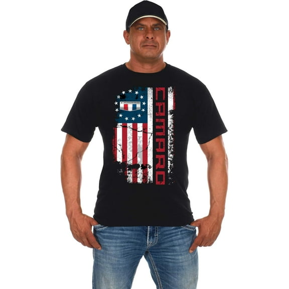 JH Design Men's Chevy Camaro T-Shirt USA Flag Short Sleeve Black Crew Neck Shirt