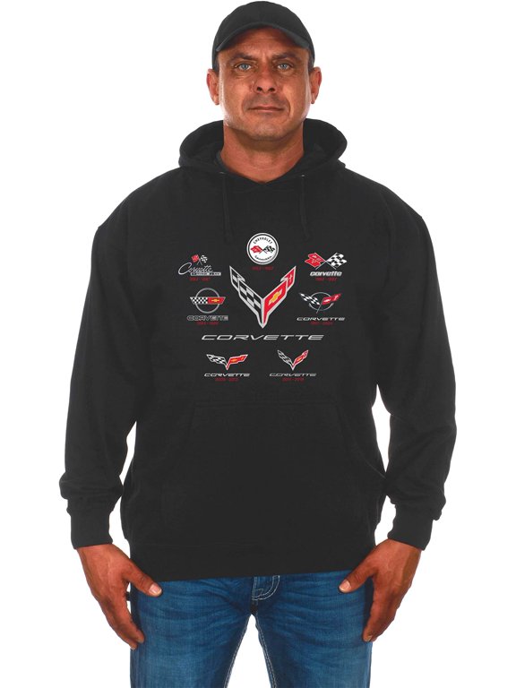 Men's Chevy Corvette Pullover Hoodie C1 Thru C8 Flag Emblems