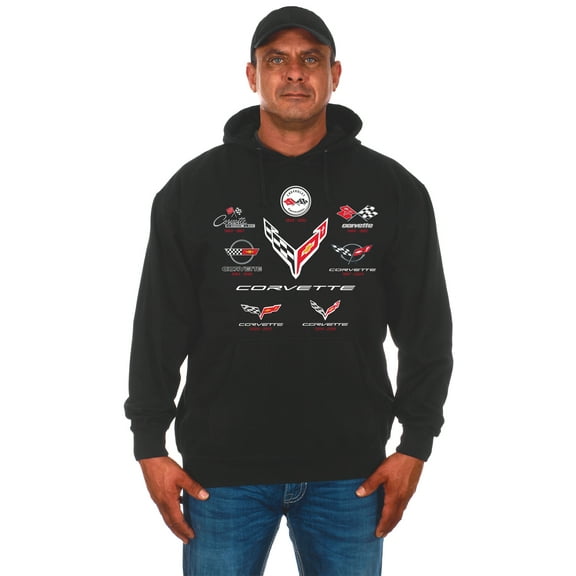 JH Design Men's Chevy Corvette Pullover Hoodie C1 Thru C8 Flag Emblems