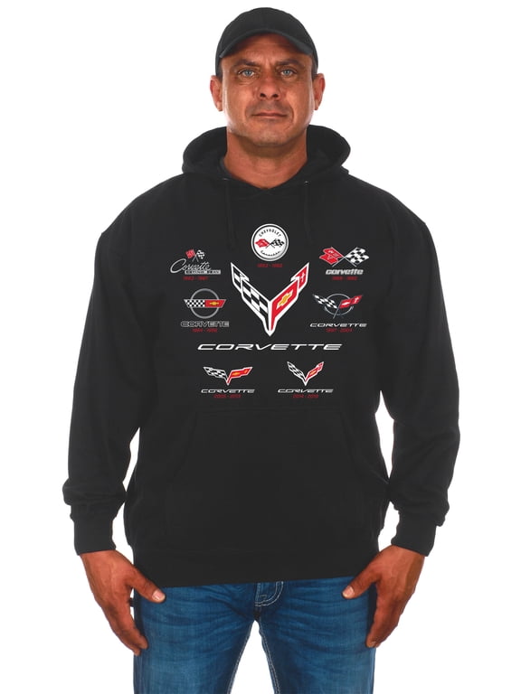 Men's Chevy Corvette Pullover Hoodie C1 Thru C8 Flag Emblems