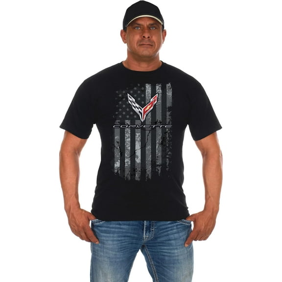 JH Design Men's Chevy Corvette T-Shirt C8 American Flag Crew Neck Shirt