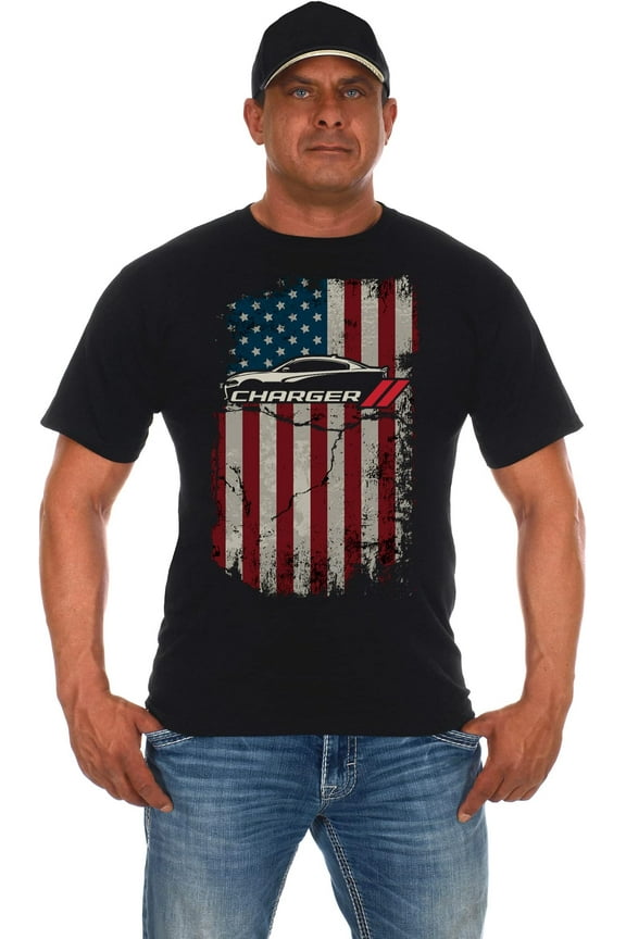Men's Dodge Charger T-Shirt American Flag Black Crew Neck Shirt