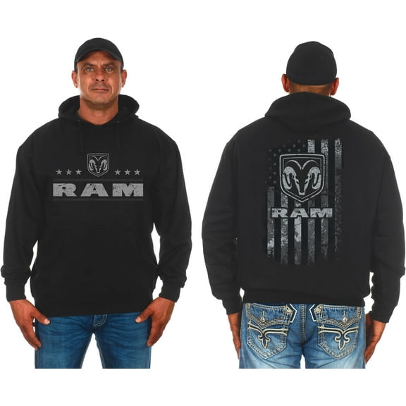JH Design Men's Dodge Ram Pullover Hoodie American Flag 2 Sided