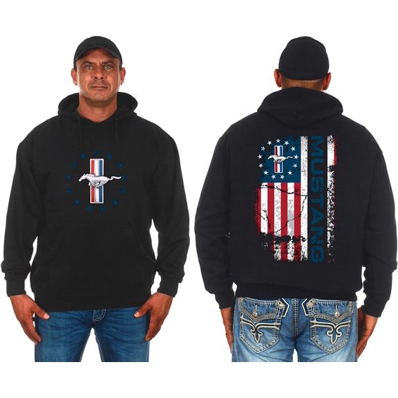 JH Design Men's Ford Mustang Distressed U.S. Flag 2-Sided Pullover Hoodie
