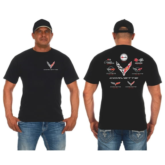 JH Design Mens Chevy Corvette T-Shirt C1 Thru C8 Flag Emblems Collage