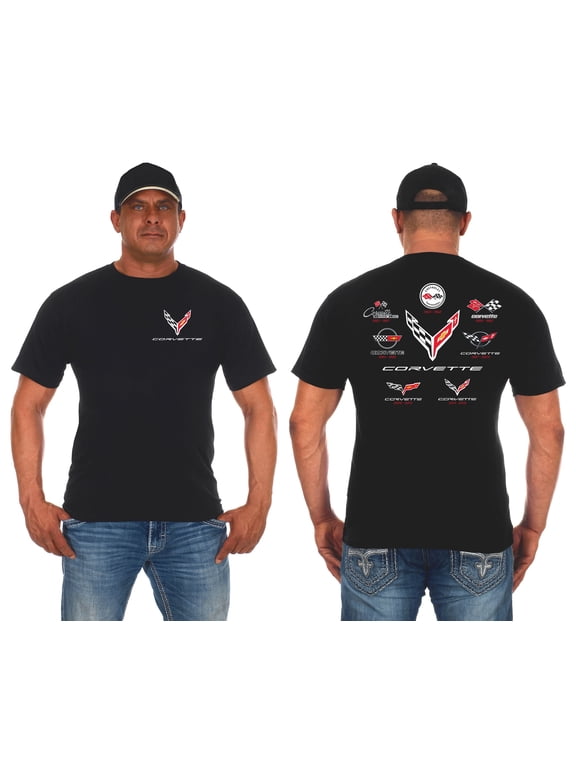 Mens Chevy Corvette T-Shirt C1 Thru C8 Flag Emblems Collage