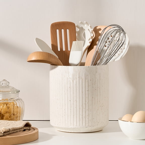 JH JIMEI HOME Kitchen Utensil Holder, Ceramic Stable Utensil Crock for Countertop, 7.2" Large Utensil Organizer with Cork Mat, Removable Bamboo Divider for Kitchen Décor and Accessories, White