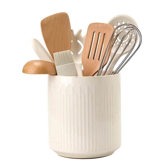 JH JIMEI HOME 7.2" Ceramic Utensil Holder with Bamboo Divider and Cork Mat for Kitchen Decor, Countertop Kitchen Utensil Organizer, White 
