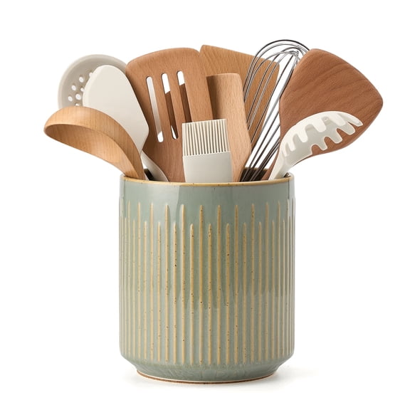 JH JIMEI HOME Kitchen Utensil Holder, Ceramic Stable Utensil Crock for Countertop, 7.2" Large Utensil Organizer with Cork Mat, Removable Bamboo Divider for Kitchen Décor and Accessories, Green