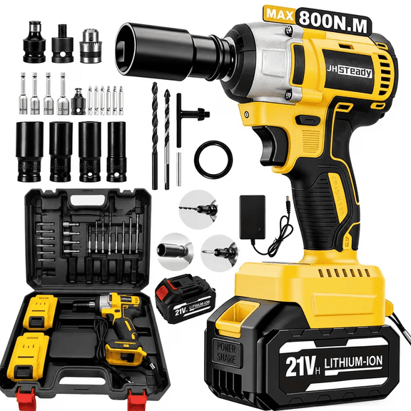 JH STeady 21V Cordless Impact Wrench, Max 800N.M Brushless Impact Gun Kit with 2 LithiumIon Batteries, Fast Charger, Sockets Drill Bits & Hard Storage Case for Car Tire Repair & Home Construction