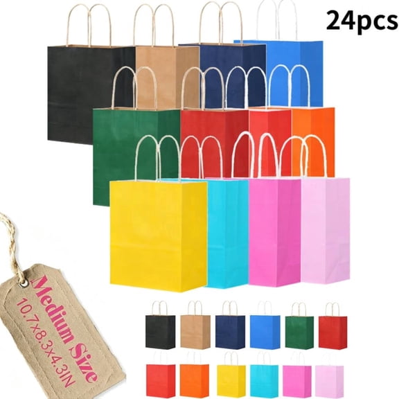 Tyasoleil 24Pcs Paper Gift Bags With Handles, 12 Colors Kraft Paper Party Favor Bags, Medium Size 10.6"x8.3"x4.3"
