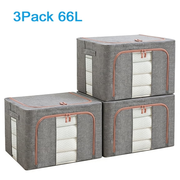 Tyasoleil 3 Pack 66L Stackable Clothes Storage Bins with Metal Frame & Handles, Clear Window Storage Bags with Zipper for Seasonal Clothes, Bedding