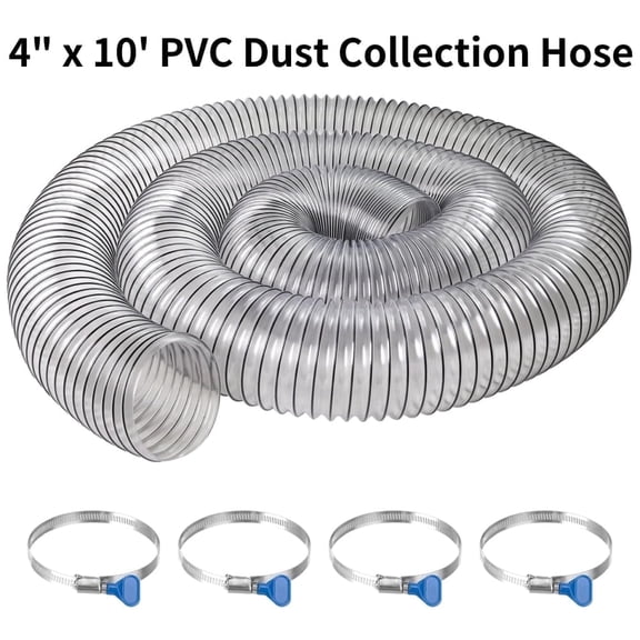 Tyasoleil 4" x 10' PVC Dust Collection Hose with Carbon Steel Wire, Puncture-Resistant, with 4 Hose Clamps, for Woodworking Dust Collection Systems