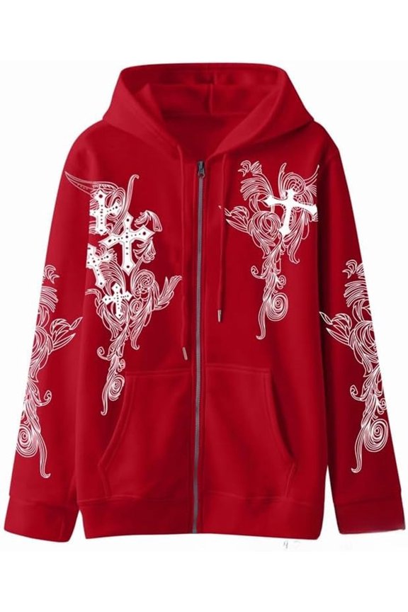 Unisex Y2K Zip Up Hoodie Gothic cross Graphic Emo Grunge Women Men Loose Baggy Fleece Jacket Punk Streetwear