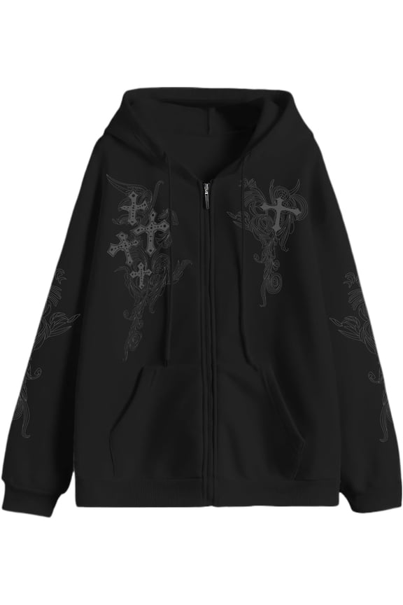 Women Men Y2K Zip Up Oversized Hoodie Gothic cross Graphic Emo Grunge Baggy Fleece Jacket 90s Punk Streetwear