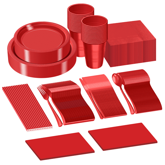 JHDZDHY Heavy-Duty Red Plastic Party Dinnerware Set, 242 Count