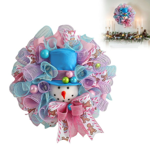 JHEHF 15.8inch Christmas Snowman Decor Mesh Wreath Holiday Ribbon Bow Ornaments with Xmas Balls for Front Door Porch Wall Window Farmhouse Decor