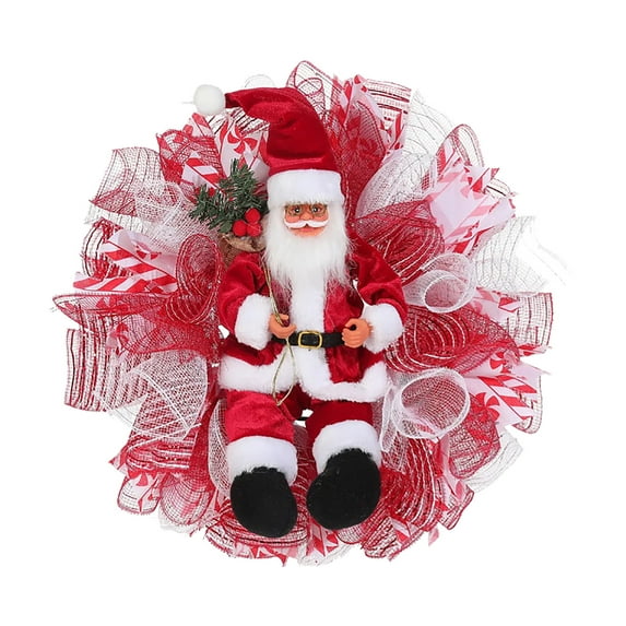 JHEHF 18inch Christmas Santa Decor Mesh Wreath Holiday Ribbon Bow Ornaments with Xmas Balls for Front Door Porch Wall Window Farmhouse Decor