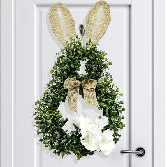 JHEHF 19.7" Easter Bunnies Wreath Rabbit Shaped Rustic Farmhouse Front Door Garland Wall Window Hanging Ornament Spring Festival Wreath Decorations