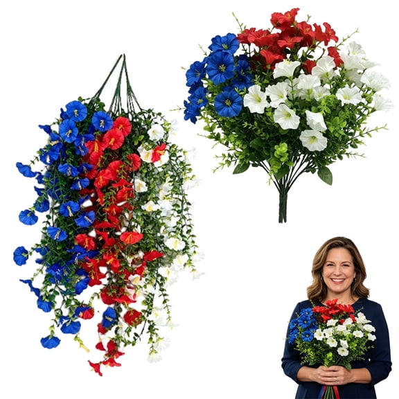 JHEHF 2PCS 4th Of July Patriotic Artificial Hanging Flowers Red White Blue Silk Flower with Leaves Realistic Flower for Independence Day Balcony Porch Patio Yard Garden Arrangement