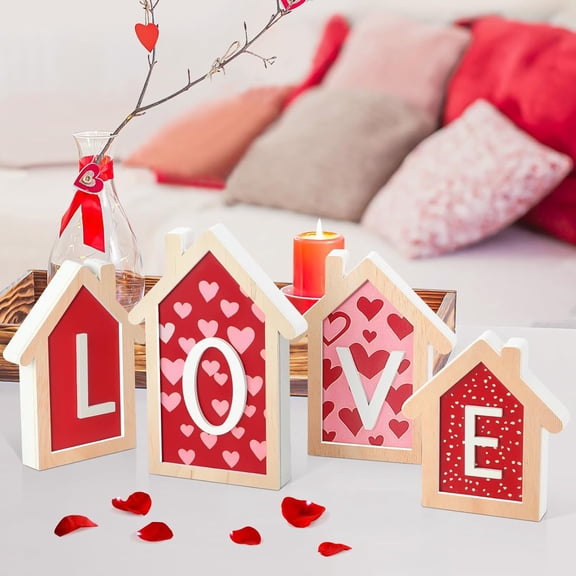 JHEHF 4PCS Valentine Wooden Tiered Tray Sign Heart Table Signs Rustic Wood Block Centerpiece for Home Mantel Shelf Farmhouse Wedding Anniversary Decor