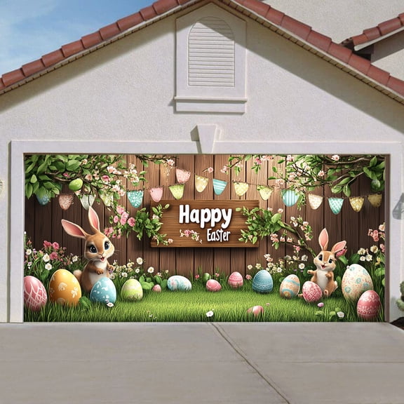JHEHF 7.9*6.9 FT Happy Easter Garage Door Banner Decorations Colorful Easter Rabbit Egg Spring Cover Background Party Decorations and Supplies