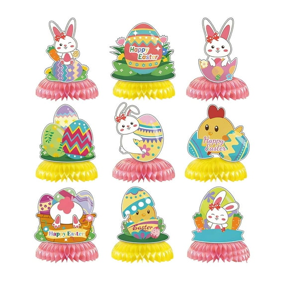 JHEHF 9 PCS Easter Honeycomb Centerpieces Cute Rabbit & Eggs Tabletop 3D Table Honeycomb Decor for Tiered Tray Mantel Shelf Table Decor