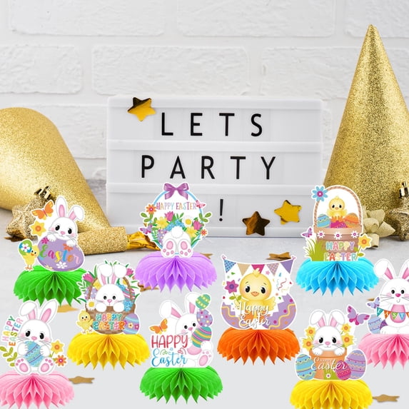 JHEHF 9 PCS Easter Honeycomb Centerpieces Cute Rabbit & Eggs Tabletop 3D Table Honeycomb Decor for Tiered Tray Mantel Shelf Table Decor