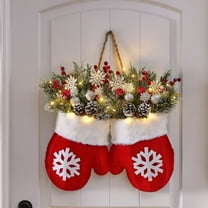 JHEHF Christmas Mitten Wreath with Lights Christmas Lighted Werath Front Door Garland xmas Hanging Ornament for Party Decoration Farmhouse Home Garden Wall Decor