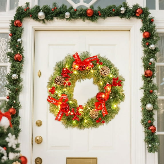 JHEHF Christmas Wreath with Lights 12inch Christmas Lighted Werath Front Door Garland Xmas Hanging Ornament for Party Decoration Farmhouse Home Garden Wall Decor