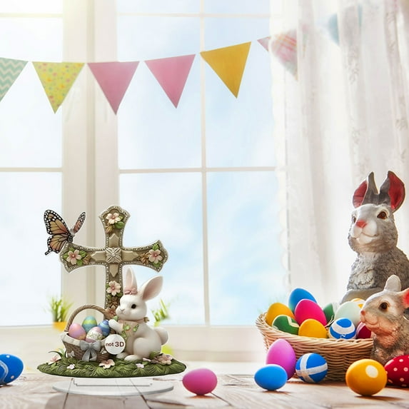 JHEHF Easter Decorations 2D Flat Acrylic Ornaments Spring Cute Easter Eggs Rabbit Desktop Ornament for Festive Tabletop and Wall Living Room Holiday Party Supplies