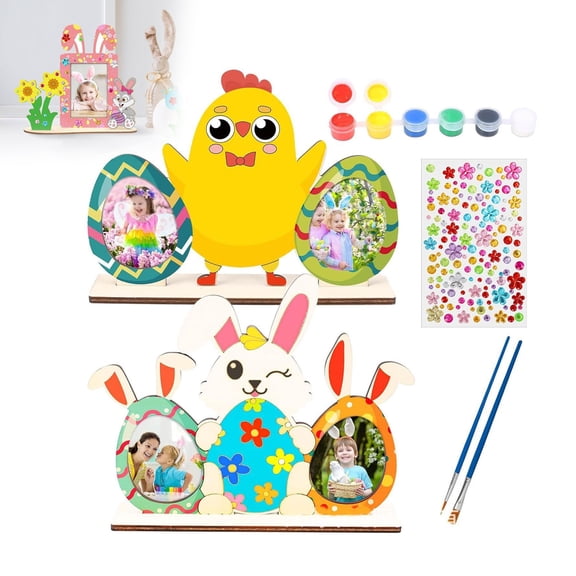 JHEHF Easter Picture Frame Craft Kit Cute Easter Egg Rabbit Wooden Tabletop Picture Frame with Stand Home Activities Painting Easter Party DIY Crafts