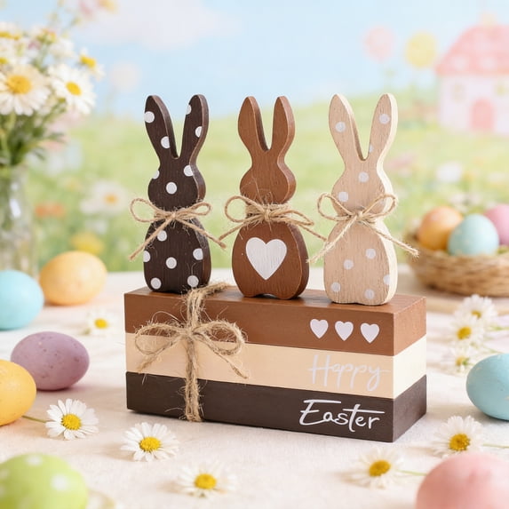 JHEHF Easter Rustic Wood Block Set Of 6 Cute Rabbit Table Sign Rustic Farmhouse Tiered Tray Tabletop Centerpieces Decoration Party Supplies