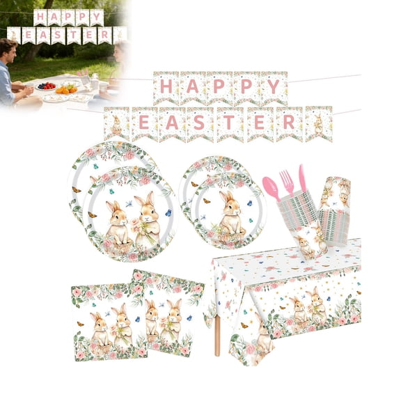 JHEHF Happy Easter Tableware Set 140 Pieces Rabbit Birthday Party Decorations Party Plates Napkins Forks Cutlery Tablecloth Spring Celebration Party Supplies