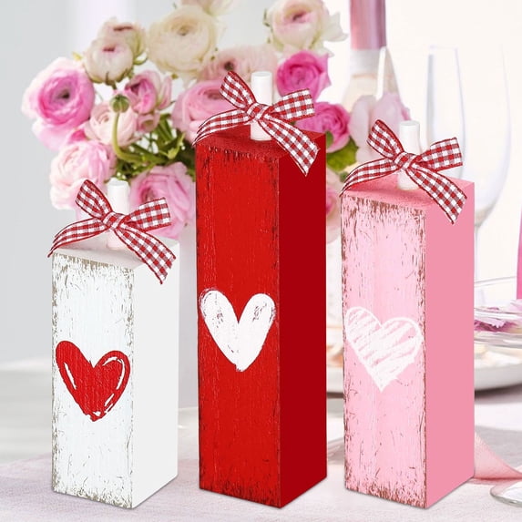 JHEHF Valentine‘S Day Rustic Wood Block Set Of 3 Home Valentines Table Sign Rustic Farmhouse Tiered Tray Tabletop Centerpieces Wedding Anniversary Party Supplies