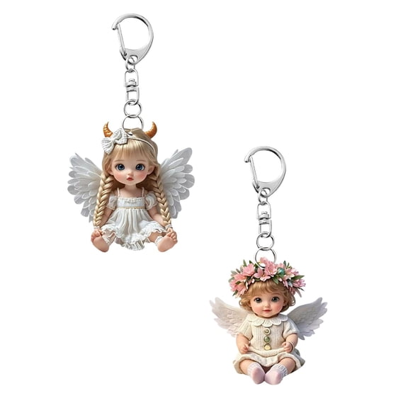 JHEHF Vintage AngelFlower Hanging OrnamentsKeychain Car Rear View Charms Backpack Accessories 2D Acrylic Flat Pendant Valentine'S Day Birthday Present 2PCS