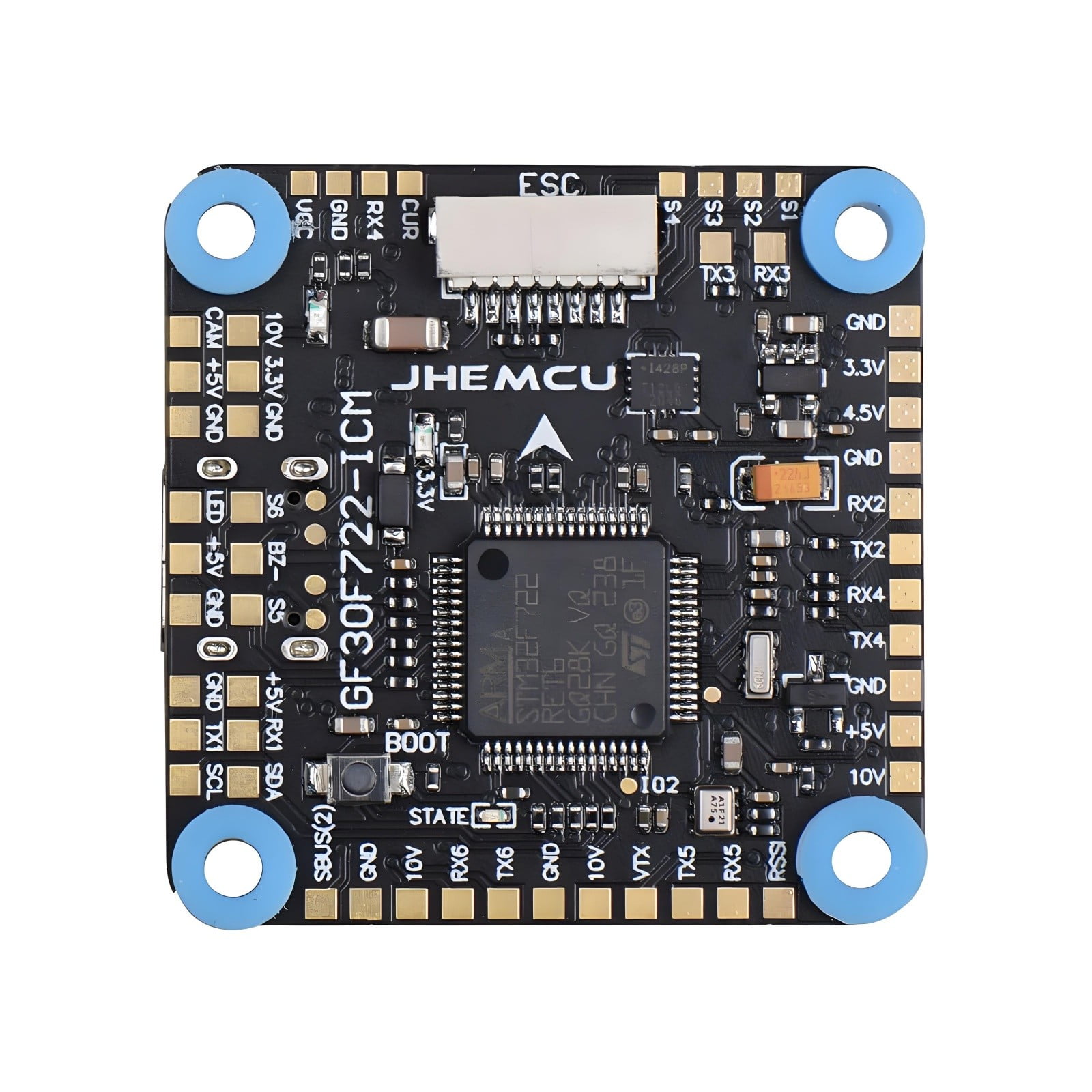 JHEMCU GF30F722-ICM F7 Flight Controller – STM32F722RET6, ICM-42688-P Gyro, 3–8S LiPo, Dual BEC 5V/10V, Betaflight OSD Blackbox for FPV Racing & Freestyle Drones